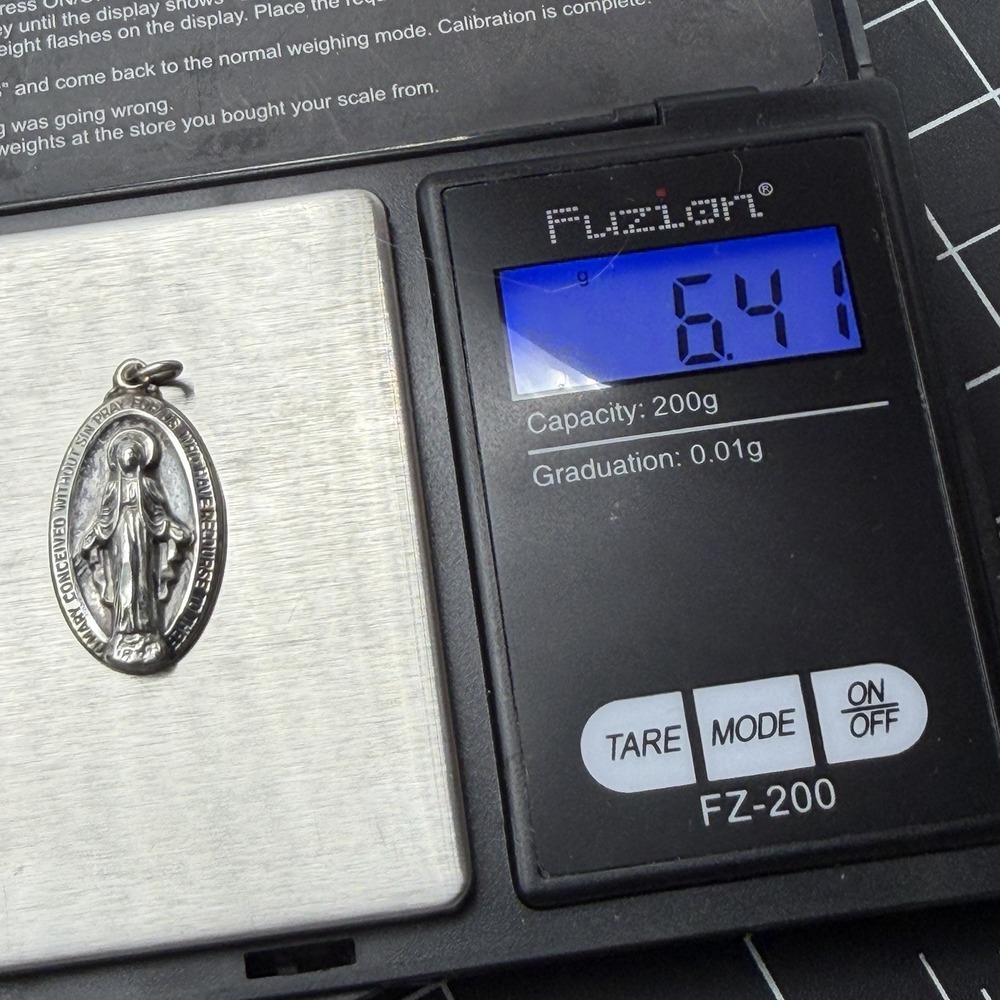 Vintage Sterling SIlver 925 Miraculous Mary Sacred Heart Oval Medal Pendant 1" - Picture 7 of 8